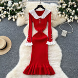 New Retro Bumpy Dolls To Receive Waist Knitted Dress Female Elastic Temperament Lotus Leafy