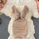 Blue/Khaki/White Sexy Draped Bodycon Dress Women Elegant Square Collar Short Sleeve High Waist Mini Vestidos Party Robe 2021