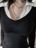 Storm Point Print Collar Long-Sleeved T-Shirt Girl 2025 Fall Ins Repair New