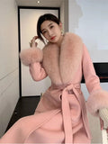 Women Winter Coats Fur Collar Scarf Cuff Set Warm Fashion Luxury Overcoat Scarves Shawls Female Elegant Solid Thick