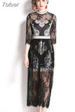 Women Summer Dress Runway Design Vintage Printed Lace Stitching Long Dress Fashion Fake Two Elegant Dress