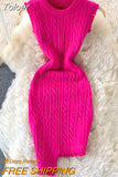 Design Twist Knitted Bodycon Dress Women Solid O-neck Sleeveless Tassels Irregluar Slim Stretch Bandage Mini Sweater