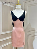 Sexy Patchwork Lace Dress For Women V Neck Sleeveless High Waist Dresses Female 2022 Summer Clothing Fashion