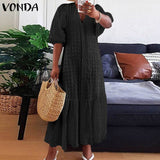 Summer Shirt Dress Women Casual Half Sleeve V Neck Button Down Pleated Long Dresses VONDA Ladies 2022 Bohemian Vestidos