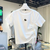 Short Floral Printed Short Sleeve Tees Adjustabale Drawstring Round Neck Shotr T-shirts Slim Casual Fashion