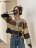 Striped Sweaters for Women V-neck Long Sleeve Jumper Pull Femme Y2k Tops Knitted Casual Cropped Pullovers Ropa