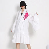 Vintage Loose Dress For Women V Neck Flare Sleeve High Waist Embroidered Midi Dresses Female Summer Clothing