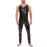 Toloer Plus Size Men's PVC Bright Leather Onesie Sexy Open Gear Slim Onesie Leather Pants Size Accurate-Outfit