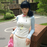 Kawaii Cartoon Print T-shirt Japanese Harajuku Ribbed Tops Fairycore Korean Fashion Cute Tshirt Y2k Aesthetics