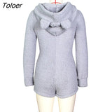 Women Sexy Plush Jumpsuits Long Sleeves Zip Pockets Autum Casual Furry Cute Hooded Playsuit One Piece Warm Romper Outdoor