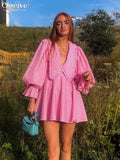 Sexy Deep V-Neck Print Women'S Dress Fashion Doll Collar Lantern Sleeve Mini Dresses Elegant Pink Pleated Female