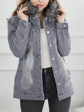 Denim Jacket Women Faux Fur Coat Long Sleeve Autumn Winter Casual Streetwear Button Down Overcoat Vinatge Aesthetic Jean