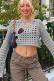 Out Cropped Knit Smock Top Women Flare Sleeve Y2K Clothes Fairy Grunge Loose Distressed Crochet Pullovers Sweater