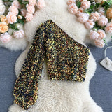 2022 New Product Oblique Collar T-shirt Strapless Unilateral Puff Sleeve Slim Fit Short Sequined Top