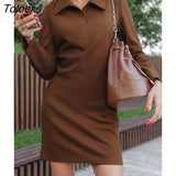 Casual Office Mini Dress A-Line Lapel Elegant Loose Plain Fall Robe Lady Khaki Long Sleeve 2022 Chic Dresses For Women