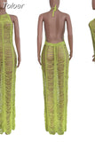 Crochet Knit Beach Long Dress for Women Summer Halter Neck Backless See Through Robe Elegant Solid Holiday Vacation