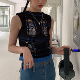Korean Fashion Hollow Out Tank Tops Grunge Hole Knitted Vest Patchwork Sleeveless Crop Tops Gothic See Through Tops