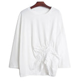 Women Spliced Pleated Loose Fit T-shirt New Round Neck Long Sleeve Fashion Tide All-match Spring Autumn 2023