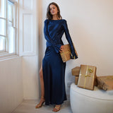 Elegant Temperament Solid-Colored Back-Back-Scuffed Long-Sleeved Dress