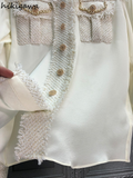 Blusas Elegant Shirts Women Mujer De Moda Korean Fashion Blouses Women Patchwork Tweed Shirt Vintage Loose Tops Female