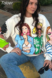 2023 Women Girls Print Casual Loose Cotton Jogging Hoody Sweatshirts Female O Neck Lantern Sleeve Chic Pullovers