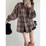 Women's Brushed Diagonal Button Plaid Blouse Long Sleeve Loose Casual