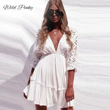 Elegant V neck Embroidery Women Dress Ruffle Pleated Lace Up Summer Dresses Casual Sexy Hollow Out Dress Vestido