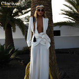 Sexy Lace-Up Blazer Two Piece Pants Set Women Elegant Loose Satin Wide Trouser Suits Female Fashion High Waist Pants