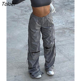 Baggy Hip Hop Ripped Grey Cargo Pants Casual with Pockets Loose Wide Leg Pants Women Drawstring Jogging