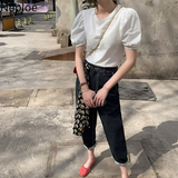 Shirts Women 2023 Korean Fashion Woman Clothes Tshirt O-neck Short Blouses Puff Sleeve Y2K Tops Tees Loose White