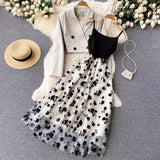 Temperament Short Double Buckle Suit Jacket Female High-End Velvet Mesh Sling Dress Two