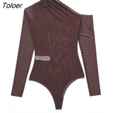 Women Sexy Solid Asymmetrical Mesh Yarn Slim Bodysuits Ladies Long Sleeve Off Shoulder Playsuits Mujer Rompers