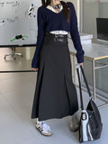 Vintage Belt Long Skirt Women Autumn 90s Aesthetic Streetwear Y2k High Waist Slim A-line Pleated Skirt Korean