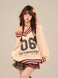 Brown V-neck Letter Print Oversize Sweater-Outfit