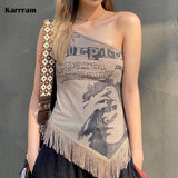 Grunge Print Tank Tops Vintage Irregular Patchwork Camisole Korean Fashion Tassel Design Tops 90s Punk Style Vest