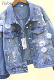 2023 Spring Autumn Jeans Jacket Korean Embroideried 3D Flowers Hole Cowboy Outerwear Causal Women Demin Coat