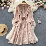 2022 Summer New Lace Embroidery Dress Women Long Sleeve Dresses Female Vintage Party Beach Maxi Long