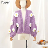 Bohemian Women Cardigan Tops three-dimensional Pattern Hand knitted Sweater V-Neck Puff Sleeve Loose Winter Sweaters