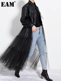 Loose Fit Black Mesh Big Size Long Pu Leather Jacket New Lapel Long Sleeve Women Coat Fashion Spring Autumn 2023