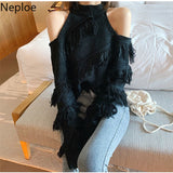 Sexy Lady Sweater Women Hollow Out Off Shoulder Knitted Cropped Pullovers Chic Tassels Jumper Sueter Fall 2023