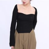 2023 New Autumn Sexy Stylish Sqaure Collar Full Sleeves Knitting Pullover Sexy Slim T-shirt Female Top
