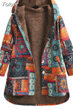 Fashion Female Jacket Plush Coat Women Windbreaker Winter Warm Outwear Floral Print Hooded Pockets Vintage Loose