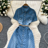 Familiar Style Niche Fashion Short-Sleeved Wave Dot Denim Dress Women's Waist Thin Temperament Elegant A-Word Shirt