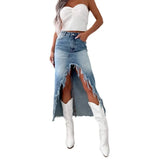 2025 Women's New Denim Skirt High Waist Irregular Hair To Do Old Water Washing Skirt