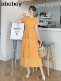 New Summer Temperament All-match O-neck short sleeve Dress waist slim multi-layer Ruffles cake