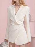 Fashion Women's Dress Notched Collar Slim Spliced Long Sleeve Twist Folds Waist White Suit Dresses Spring 2023 New