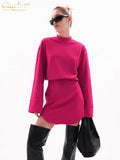 Fashion Pink Dresses For Women 2022 Casual Stand Collar Long Sleeve Office Mini Dress Elegant High Waist Female