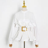 Toloer All-Match Shirt Female Spring 2024 New Standing Collar Long Sleeve Pleated Flounces Careful Machine Lace Top-Outfit