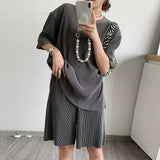 Loose Two Piece Set Womens Round Neck Short Sleeve Tops High Waist Shorts Solid Sets Female Fashion Clothing