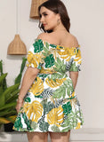 Sweet Off-the-shoulder Short Sleeves Floral Print Plus Size Two Piece Skirt